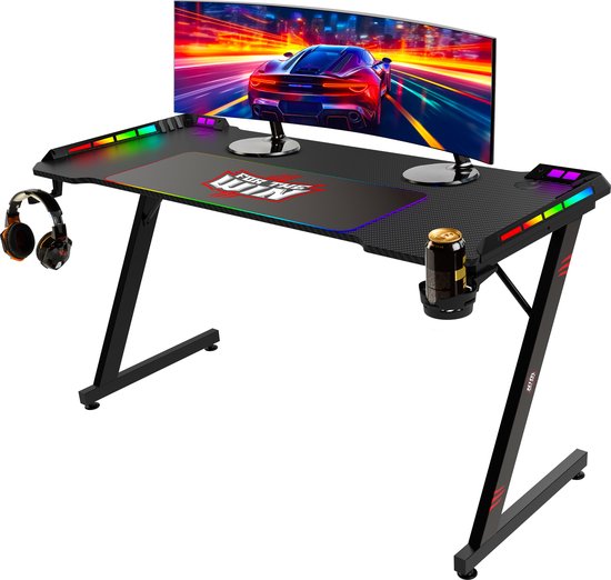 For The Win Gaming Bureau met LED Verlichting - 140x74x60 cm - Game Bureau - Incl. RGB Muismat - Gaming Desk - Computer Tafel - Gaming Tafel
