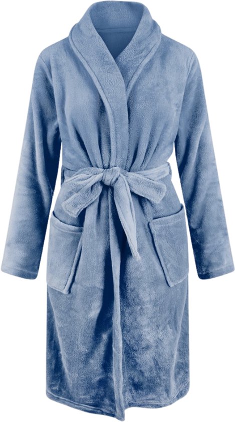 Kinderbadjas - denimblauw - kinder badjas fleece - meisjes & jongens - ochtendjas - maat 152/158