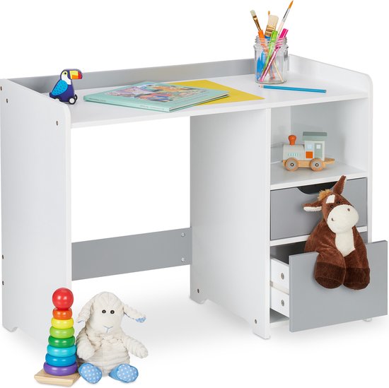 kinderbureau - 60 x 80 x 38 cm - 2 lades - opbergruimte - met rand - wit-grijs