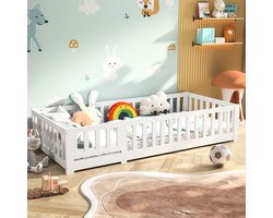 Montessori Kids bed 90 x 200 cm met deur, valbeveiliging en lattenbodem, gemaakt van massief grenenhout, zonder matras