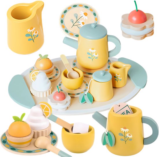 Stena Houten Theeservies - 18-delig - Theeset - Speelgoed Hout - voor Kinderen - Theekopjes met Schotel