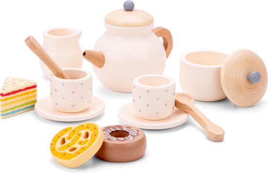 Woet® Houten Theeservies Crème - 14-delige Theeset met Theepot, Kopjes en Gebakjes - FSC - Rollenspel Servies Speelgoed - Vanaf 2 Jaar