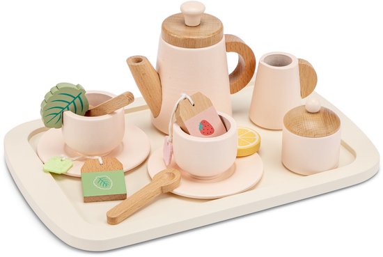 Woet® Houten Theeservies Roze - 16-delige Theeset met Dienblad, Theepot, Kopjes en Theezakjes - FSC - Rollenspel Servies Speelgoed - Vanaf 2 Jaar