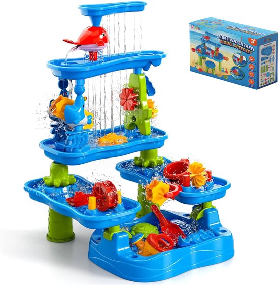 Kiddel XXL Watertafel/Zandtafel Kind – 4in1 Speeltafel – 4 Verdiepingen – Incl. Schepjes, Gietertjes & Zandvormpjes – Buitenspeelgoed