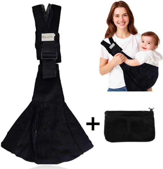 Kindelis® – Baby Draagzak – Draagdoek – Kinderdrager – Draagzakken – Draagzak Peuter – Comfortabele Buik- en Rugdrager – Ademend & Veilig – Corduroy – voor Baby's en Peuters tot 15kg – Zwart