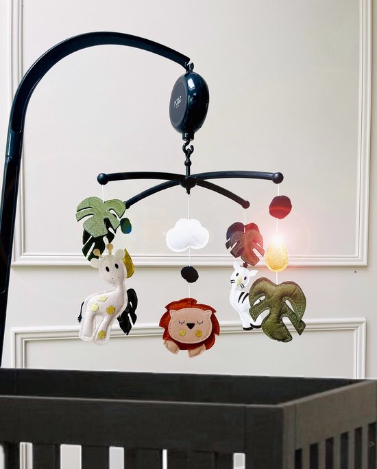 Muziekmobiel Jungle Dieren - Baby Boxmobiel - Gouden Details - Zwarte Muziekmobiel Houder - Muziekdoosje - 10 Melodieën