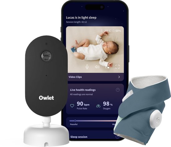 Owlet Dream Duo: Dream Sight™ Camera & Dream sock™ – Medische Baby Monitor met 2K HD Camera en Gezondheidsmeting – Hartslag, Zuurstof & Temperatuur – Blauw